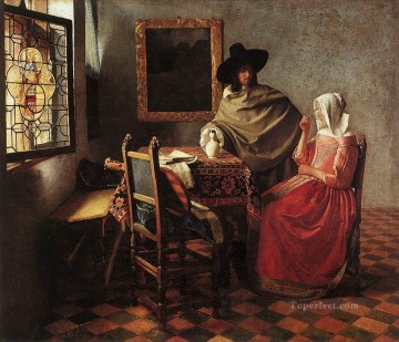 A Lady Drinking and a Gentleman Baroque Johannes Vermeer Oil Paintings